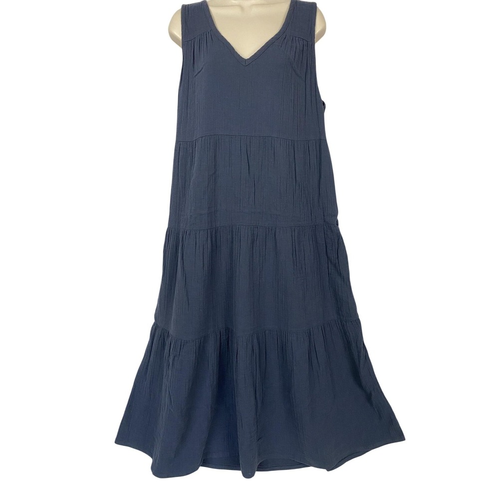 Quince Dress Women L Blue Tiered Maxi V Neck Sundress Boho Organic Cotton Gauzy